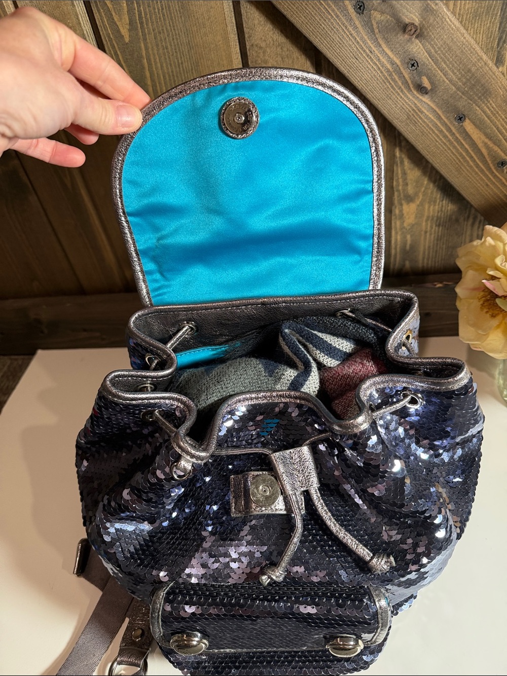 Coach Midnight Blue Sequin Mini Backpack with Silver Trim - Picture 7 of 9